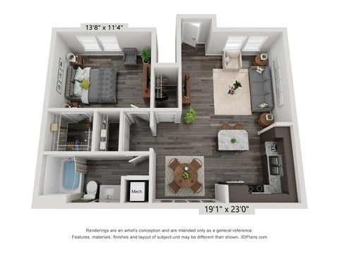 Floor plan for 1 bed, 1 bath, 843 sqft